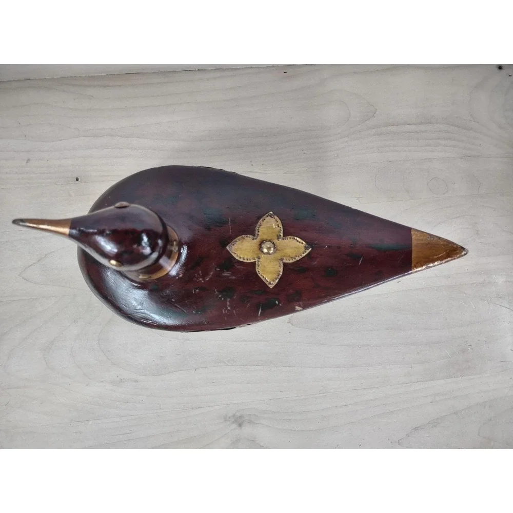 Wooden Folk Art Duck Decoy Wood Brass Country Decor 14 Inch Vtg Knicks SEE